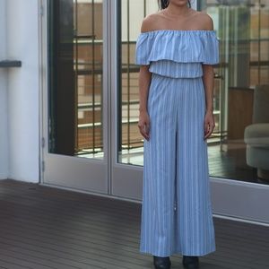 Off the shoulder blue striped romper